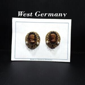 West Germany Cameo Clip Earrings, Original Card, Faux Pearls, 1950s Vintage